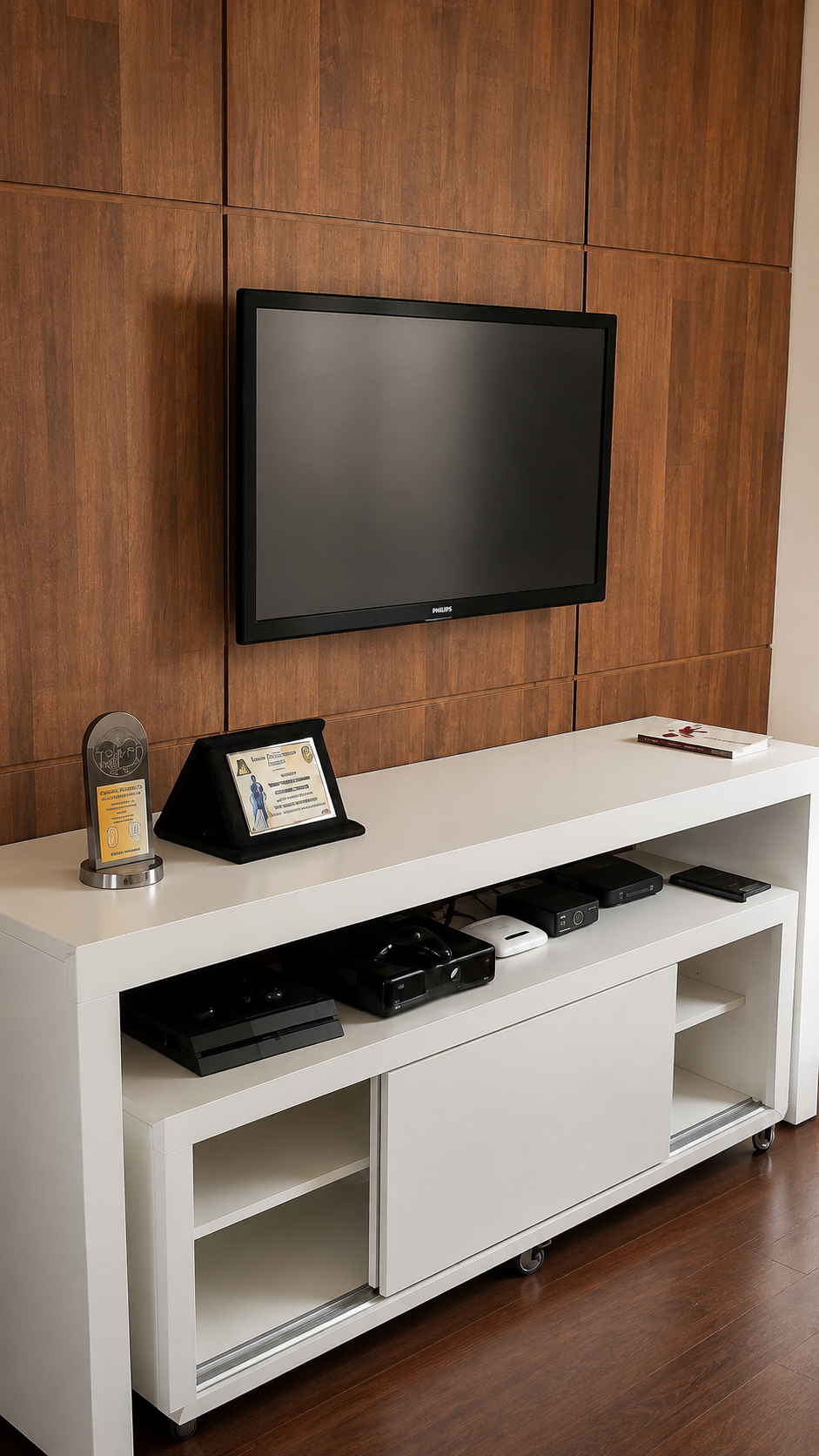 Painel amadeirado com rack branco